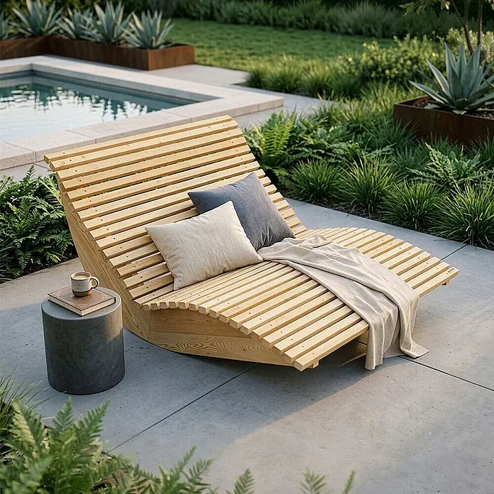 Home Deluxe Gartenliege WOLGA B 120 cm - B x T: 120 x 188 cm, Natur, Holz - Lattenförmige helle Holzliege mit Kissen und Decke auf einer Terrasse, daneben ein kleiner Tisch mit Kaffeetasse.