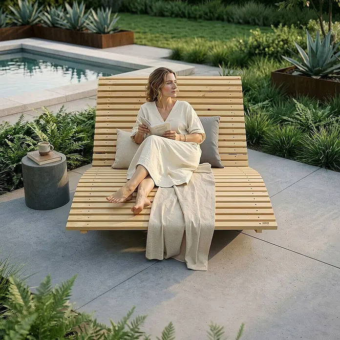 Home Deluxe Gartenliege WOLGA B 120 cm - B x T: 120 x 188 cm, Natur, Holz - Natürliche Holzliege mit Lattenrost-Design, im Freien zur Entspannung von einer lesenden Frau genutzt.
