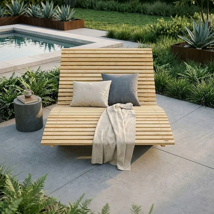 Home Deluxe Gartenliege WOLGA B 120 cm - B x T: 120 x 188 cm, Natur, Holz - Lattenliege aus Holz mit Kissen und Decke auf einer Terrasse. Ideal zur Entspannung im Freien am Pool.
