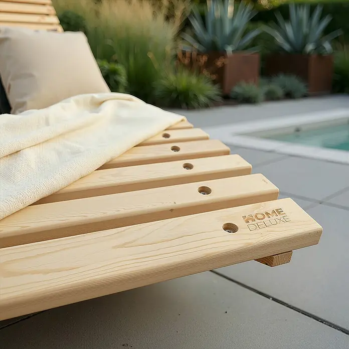 Home Deluxe Gartenliege WOLGA B 120 cm - B x T: 120 x 188 cm, Natur, Holz - Helle Holzliege mit cremefarbener Decke und Kissen, draußen neben einem Schwimmbecken.