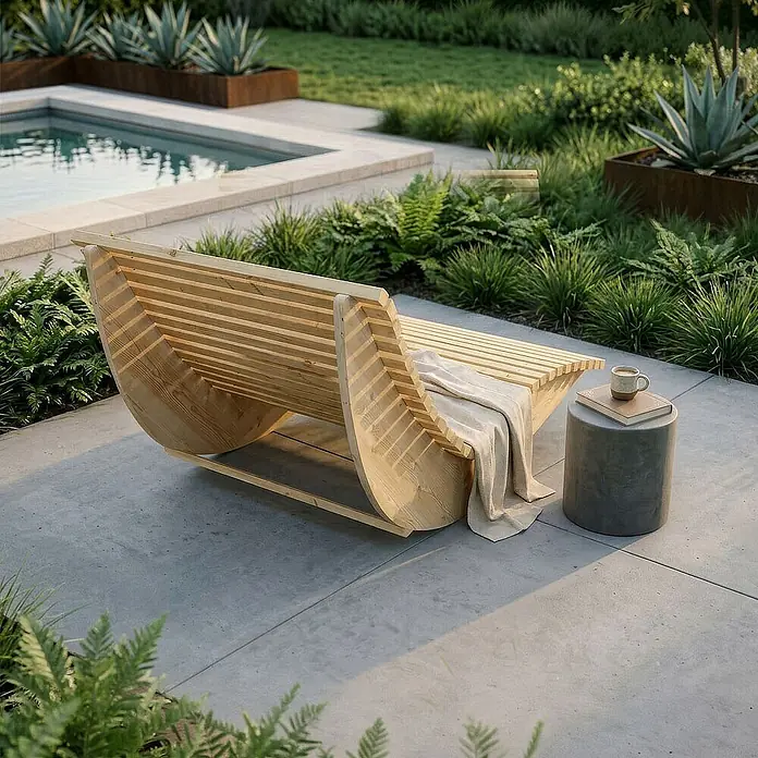 Home Deluxe Gartenliege WOLGA B 120 cm - B x T: 120 x 188 cm, Natur, Holz - Helle Holzliege mit Lattenrost und gebogenen Beinen, bedeckt mit beiger Decke, neben einem Betontisch mit Tasse und Buch.