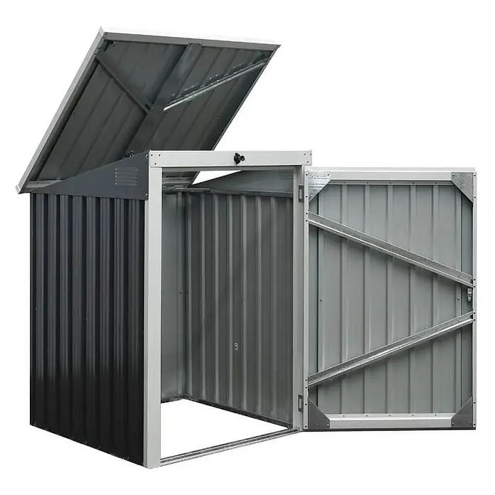 Home Deluxe Mülltonnenbox BASURA S - 1x 240L - 101 x 104 cm, Stahl, Anthrazit, Geeignet für Anzahl Mülltonnen: 1 Stk. - Zweifarbiger Metall-Geräteschuppen aus Wellblech mit geöffnetem Deckel und Tür, der den Innenraum zeigt.