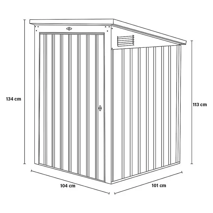 Home Deluxe Mülltonnenbox BASURA S - 1x 240L - 101 x 104 cm, Stahl, Anthrazit, Geeignet für Anzahl Mülltonnen: 1 Stk. - Gartenhaus-Strichzeichnung mit schrägem Dach. Maße: H vorne 134 cm, H hinten 113 cm, B 104 cm, T 101 cm.
