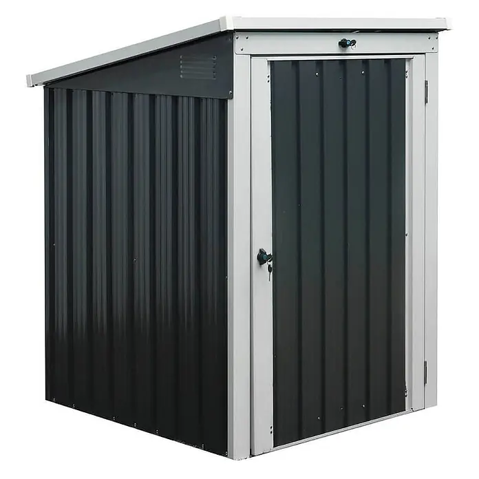Home Deluxe Mülltonnenbox BASURA S - 1x 240L - 101 x 104 cm, Stahl, Anthrazit, Geeignet für Anzahl Mülltonnen: 1 Stk. - Dunkelgrauer Metall-Gartenschuppen mit weißem Rand und schrägem Dach zur Lagerung im Freien.