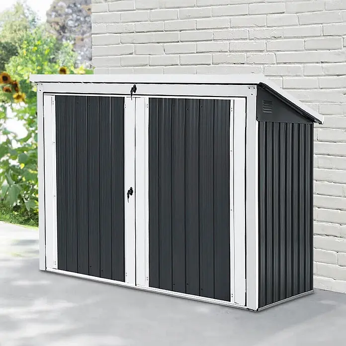 Home Deluxe Mülltonnenbox BASURA L - 1x 240L + 2x 120L - Stahl, Anthrazit, Geeignet für Anzahl Mülltonnen: 3 Stk. - Kompakter, dunkelgrauer Metallschrank mit weißen Leisten und zwei Türen, ideal für den Außenbereich.