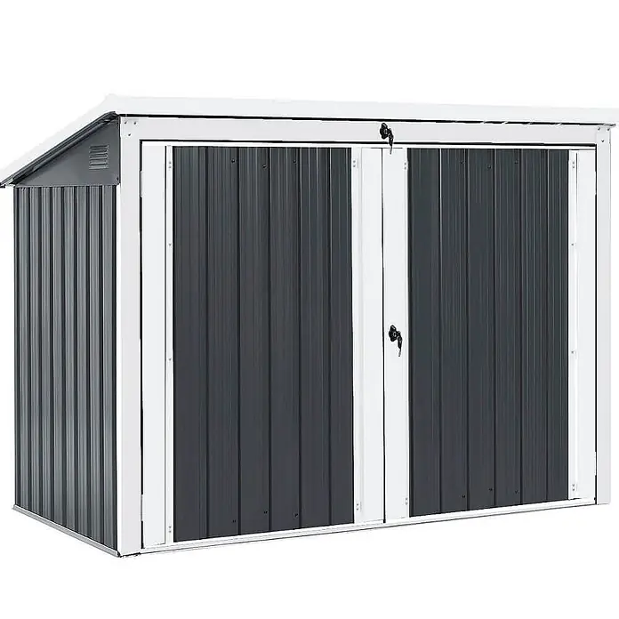 Home Deluxe Mülltonnenbox BASURA L - 1x 240L + 2x 120L - Stahl, Anthrazit, Geeignet für Anzahl Mülltonnen: 3 Stk. - Dunkelgrauer Metallschuppen mit weißem Dach und Rahmen, zweiflügelige Türen mit Schlössern.