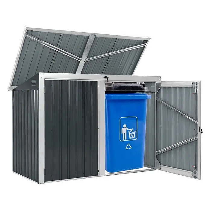 Home Deluxe Mülltonnenbox BASURA L - 1x 240L + 2x 120L - Stahl, Anthrazit, Geeignet für Anzahl Mülltonnen: 3 Stk. - Dunkelgraues Mülltonnenhaus aus Metall mit aufklappbarem Dach und Türen, darin eine blaue Recyclingtonne.