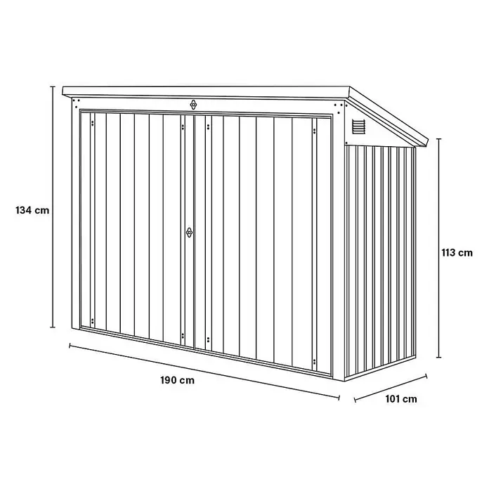 Home Deluxe Mülltonnenbox BASURA L - 1x 240L + 2x 120L - Stahl, Anthrazit, Geeignet für Anzahl Mülltonnen: 3 Stk. - Strichzeichnung eines Metall-Gartenschuppens mit Doppeltüren, 190 cm breit, 101 cm tief und 134 cm (vorne) / 113 cm (hinten) hoch.