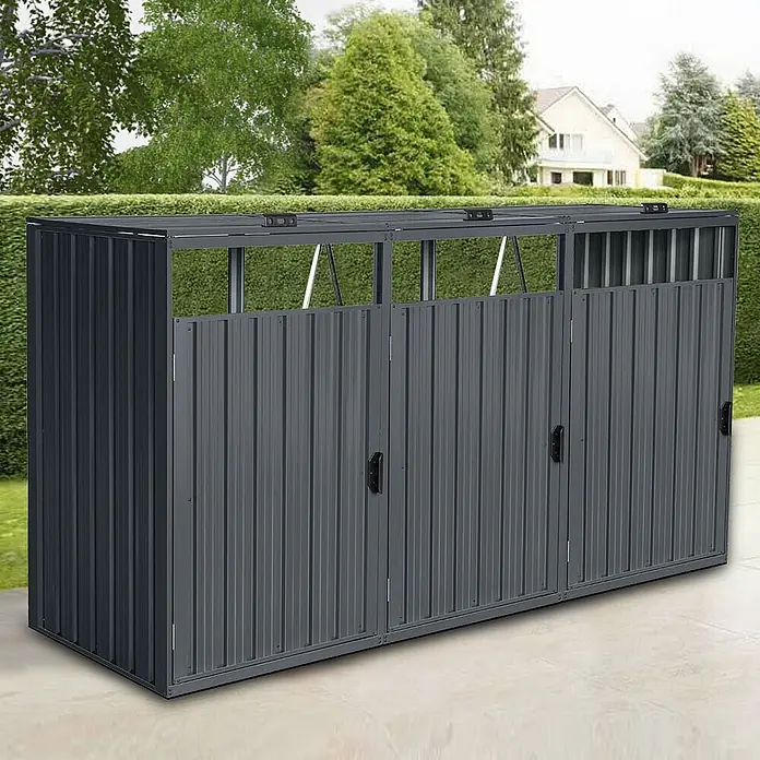 Home Deluxe Mülltonnenbox CUBO - 3x 240L - 240 x 80 cm, Stahl, Anthrazit, Geeignet für Anzahl Mülltonnen: 3 Stk. - Dunkelgraues Wellblech-Mülltonnenhaus mit drei Fächern und Klappdeckeln.