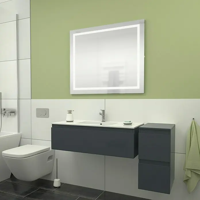 Camargue Espacio Unterschrank - 30 x 46 x 60 cm, Gama anthrazit glänzend - Modernes Badezimmer-Interieur mit stilvollem Waschtisch in Grau, beleuchtetem Spiegel und Wand-WC, kombiniert mit grünen Akzenten.