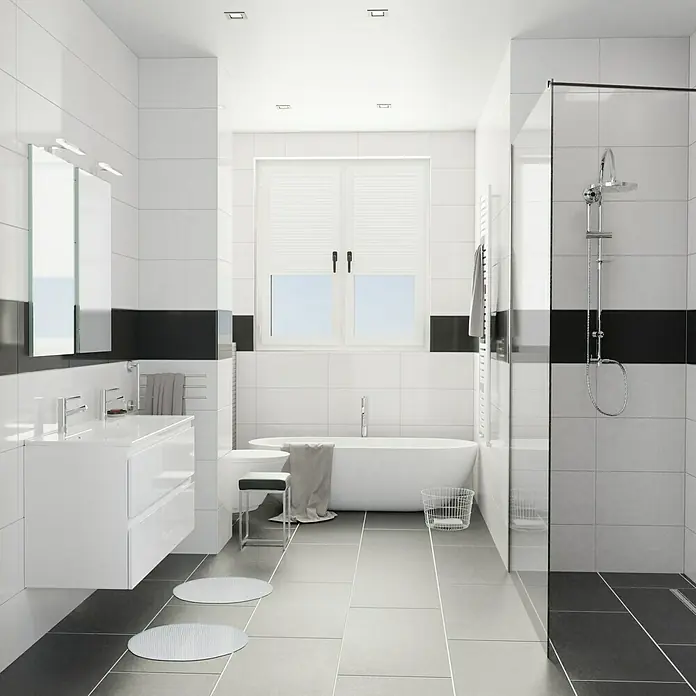 Camargue Espacio Badmöbel-Set K3 - 120 cm, Gama weiß glänzend - Modernes Badezimmer mit weißer Badewanne, Waschtisch und Dusche, akzentuiert durch eine elegante, horizontale schwarze Fliesenreihe.