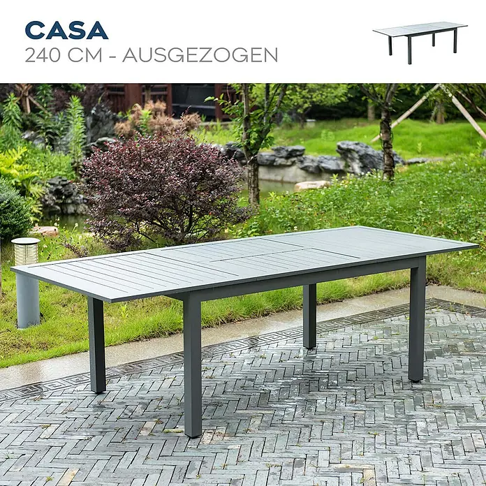 Home Deluxe Gartentisch-Set CASA MADERA - Tisch inkl. 8 Stühlen - Gesamtumfang: 9 -tlg., L x B x H: 100 x 160 x 74 cm, Ausziehbar - Ausgezogener 240 cm grauer Gartentisch mit Lattenplatte, im Freien gezeigt.