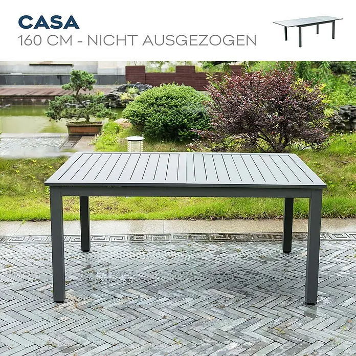 Home Deluxe Gartentisch-Set CASA MADERA - Tisch inkl. 8 Stühlen - Gesamtumfang: 9 -tlg., L x B x H: 100 x 160 x 74 cm, Ausziehbar - Dunkelgrauer 160 cm ausziehbarer Gartentisch, nicht ausgezogen auf Terrasse.