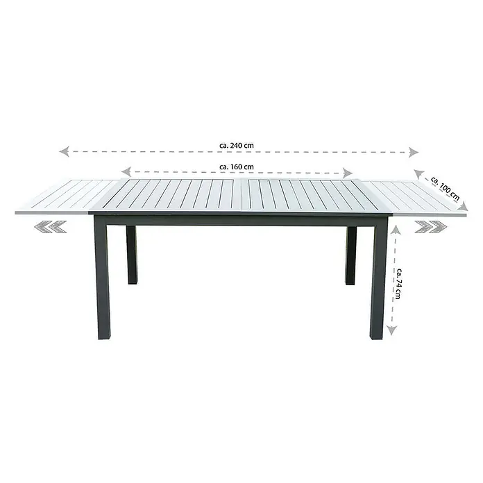 Home Deluxe Gartentisch-Set CASA MADERA - Tisch inkl. 8 Stühlen - Gesamtumfang: 9 -tlg., L x B x H: 100 x 160 x 74 cm, Ausziehbar - Ausziehbarer Gartentisch mit silberner Lamellenplatte und dunkelgrauem Gestell, ca. 160-240 cm lang, 100 cm breit, 74 cm hoch.