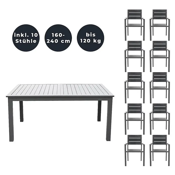 Home Deluxe Gartentisch-Set CASA MADERA - Tisch inkl. 10 Stühlen - Gesamtumfang: 11 -tlg., Ausziehbar - Dunkelgrauer ausziehbarer Gartentisch mit heller Lattenplatte und 10 passenden Stühlen.