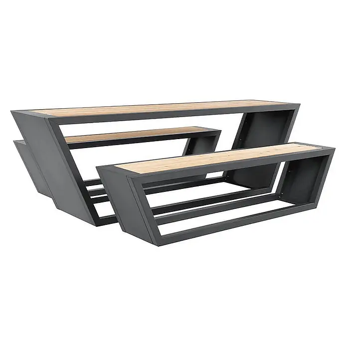 Home Deluxe Gartentisch-Set KOBON - Gesamtumfang: 3 -tlg. - Modernes Picknick-Tischset mit Bänken, Dunkelgrau-Metallrahmen und hellen Holzplatten.