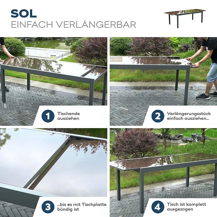 Home Deluxe Gartentisch SOL - L x B x H: 70 x 180 x 240 cm, Anthrazit - Grauer ausziehbarer Gartentisch mit reflektierender Oberfläche, in vier Schritten der Erweiterung gezeigt.