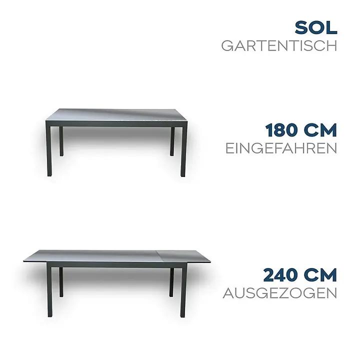 Home Deluxe Gartentisch SOL - L x B x H: 70 x 180 x 240 cm, Anthrazit - Ausziehbarer, dunkelgrauer Gartentisch, dargestellt eingefahren (180 cm) und ausgezogen (240 cm).