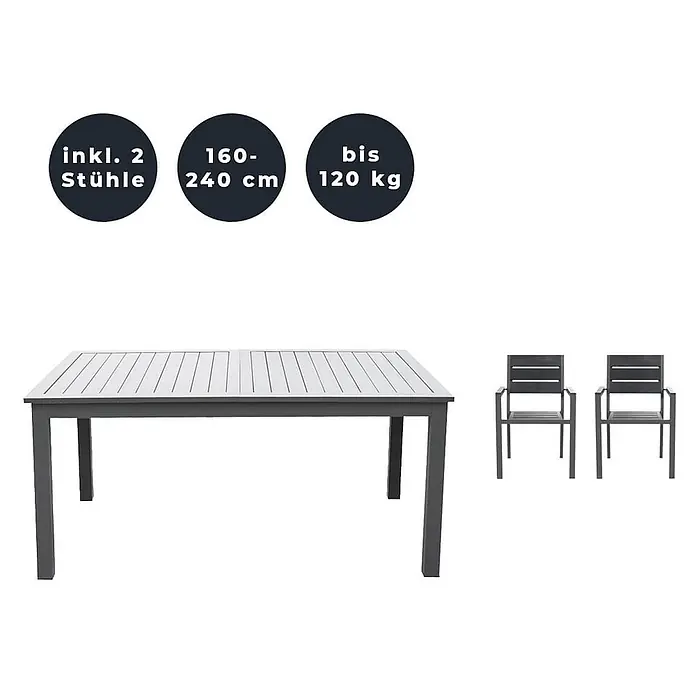 Home Deluxe Gartentisch-Set CASA MADERA - Tisch inkl. 2 Stühlen - Gesamtumfang: 3 -tlg., Ausziehbar - Ausziehbarer dunkelgrauer Tisch mit hellgrauer Lattenplatte (160-240 cm) und zwei passenden dunkelgrauen Lattenstühlen (bis 120 kg).