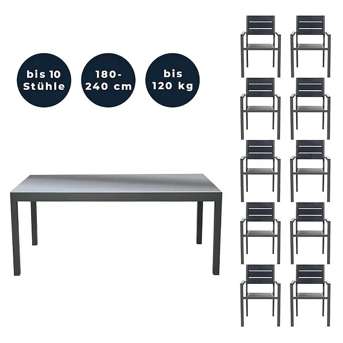 Home Deluxe Gartentisch-Set SOL MADERA - Tisch inkl. 10 Stühlen - Gesamtumfang: 11 -tlg., Ausziehbar - Dunkelgraues rechteckiges Outdoor-Esstisch-Set mit zehn passenden Stühlen.