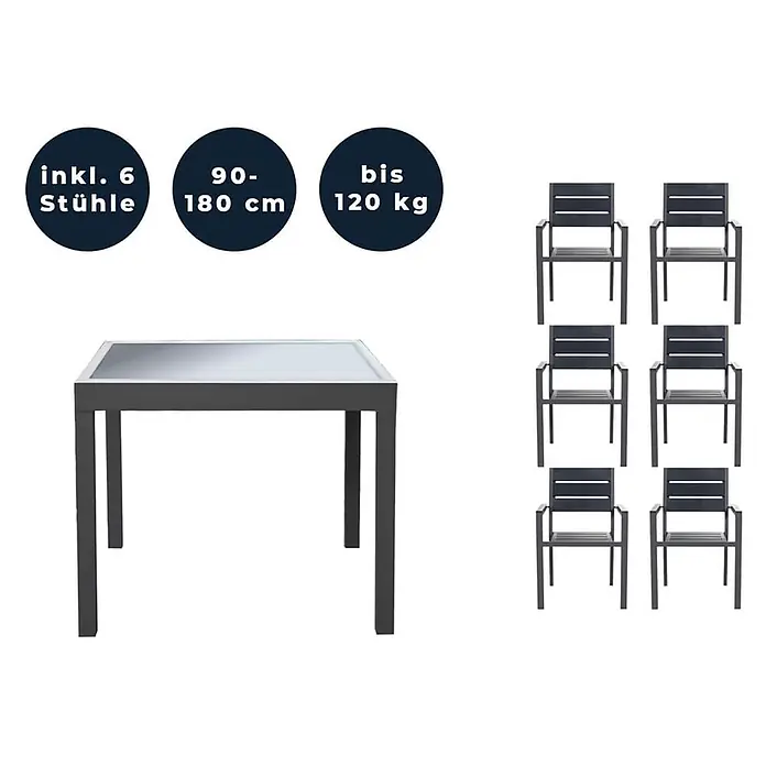 Home Deluxe Gartentisch-Set VERANO MADERA - Tisch inkl. 6 Stühlen - Gesamtumfang: 7 -tlg., Ausziehbar - Dunkelgraues Outdoor-Esstisch-Set: rechteckiger Tisch mit Glasplatte und sechs passenden Stühlen mit Armlehnen.