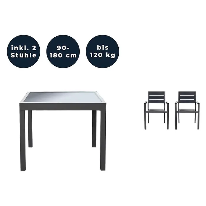 Home Deluxe Gartentisch-Set VERANO MADERA - Tisch inkl. 2 Stühlen - Gesamtumfang: 3 -tlg., Ausziehbar - Dunkelgraue Metall-Gartentischgruppe mit Glastisch (90-180 cm) und 2 Stühlen (bis 120 kg Traglast).