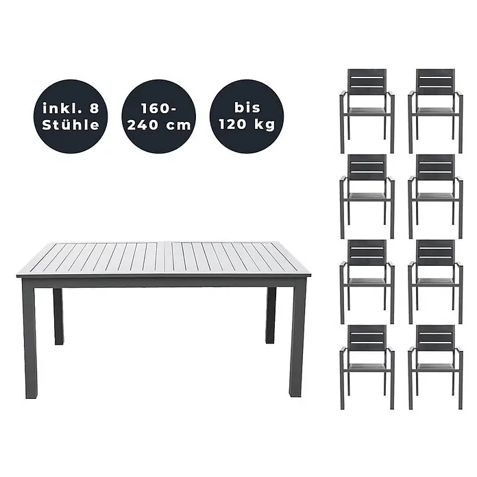 Home Deluxe Gartentisch-Set CASA MADERA - Tisch inkl. 8 Stühlen - Gesamtumfang: 9 -tlg., L x B x H: 100 x 160 x 74 cm, Ausziehbar - Modernes graues Aluminium-Essgruppe: 1 ausziehbarer Tisch und 8 Stühle mit Armlehnen.