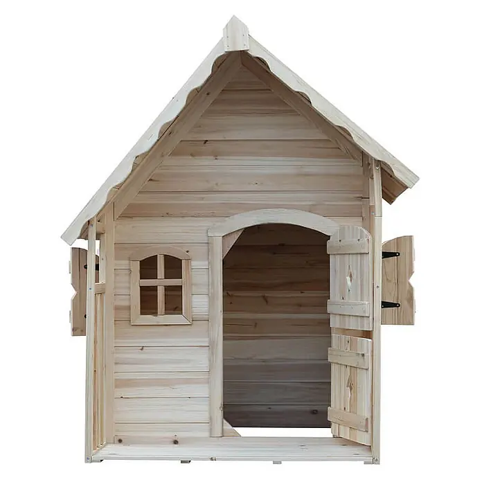 Home Deluxe Spielhaus KIMI - Holz, Natur - Natürliches Holz-Spielhaus für Kinder, mit gewölbtem Eingang, offener Tür und kleinem Fenster.