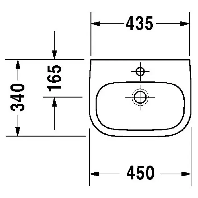 Duravit D-Code Waschbecken Med - 45 x 34 cm, Ohne Spezialglasur, Hahnloch: Mitte, Ohne Überlauf, Weiß - Abbildung einer Waschbeckenzeichnung mit Maßangaben. Die Zeichnung zeigt die Abmessungen des Waschbeckens in Millimetern.