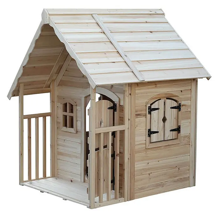 Home Deluxe Spielhaus KIMI - Holz, Natur - Hölzernes Kinderspielhaus aus hellem Naturholz mit offener Veranda, kleinen Fenstern und Lattenzaun vorne.