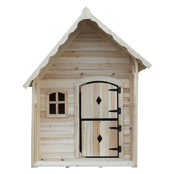 Home Deluxe Spielhaus KIMI - Holz, Natur - Naturholz-Spielhaus mit Giebeldach, Bogenfenster und geteilter Stalltür mit schwarzen Scharnieren.