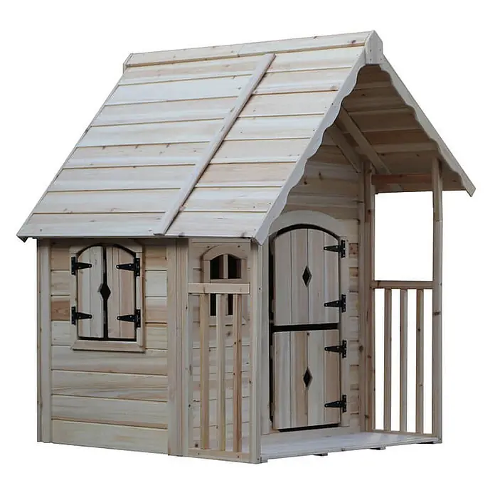 Home Deluxe Spielhaus KIMI - Holz, Natur - Helles Holz-Spielhaus mit Spitzdach, Veranda, Fensterläden und Stalltür für Kinderspiele.