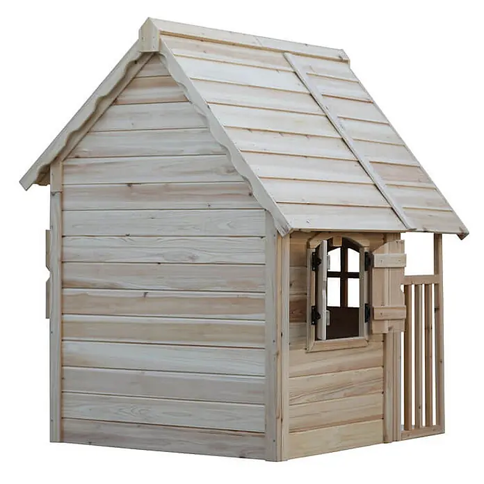 Home Deluxe Spielhaus KIMI - Holz, Natur - Helles Holzspielhaus für Kinder mit gewölbtem Fenster, funktionierenden Fensterläden und kleinem Zaun.