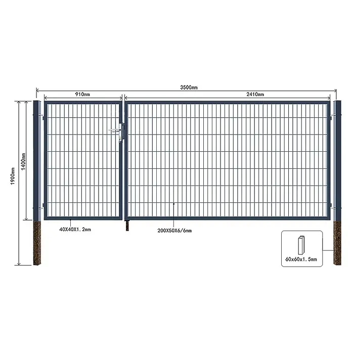 Home Deluxe Gartentor ADITUS - 350 x 100 cm, Anthrazit, Stahl - Dunkelgraues Metallzaunsystem mit Tor, Gitterelementen und Pfosten, Bemaßungen angezeigt.