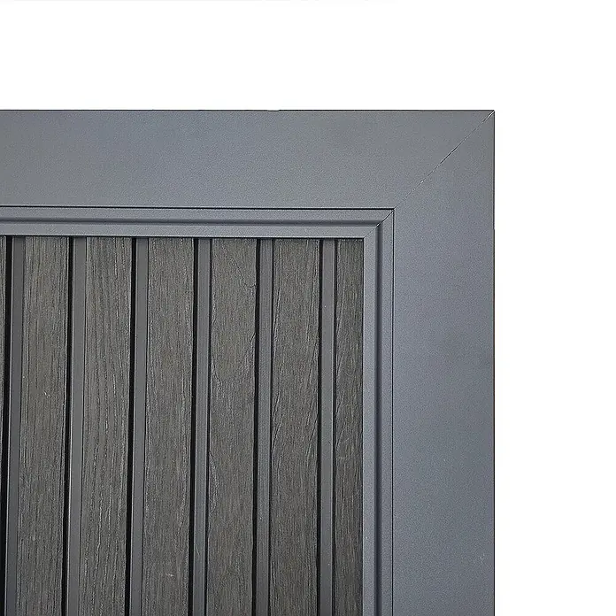 Home Deluxe Gartentor CALLATOR PREMIUM Paneele: Vertikal - 180 x 185 cm, Anthrazit, Verbundwerkstoff - Dunkelgraues Lamellenpaneel mit Holzstruktur und hellgrauem Rahmen.