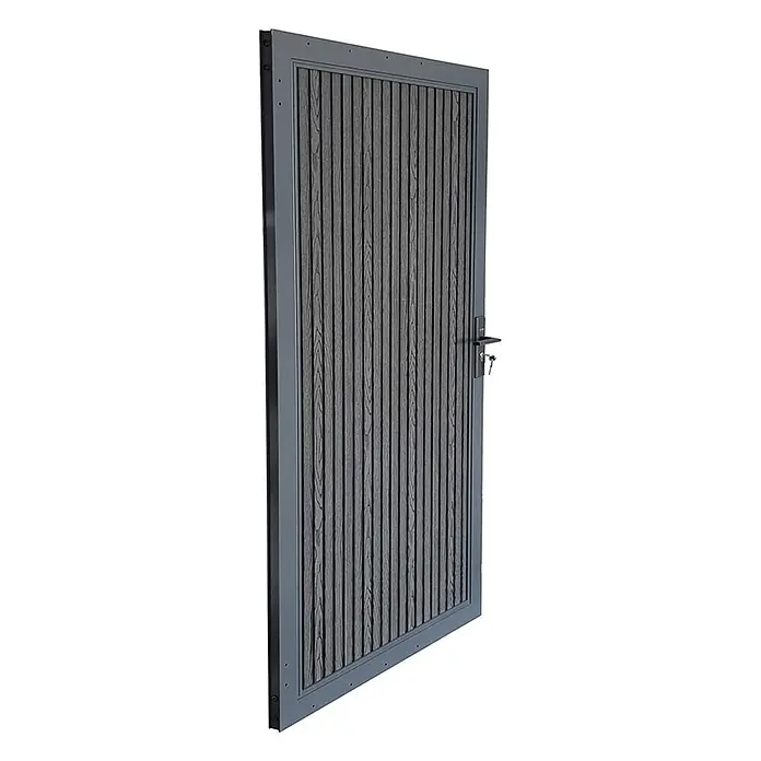 Home Deluxe Gartentor CALLATOR PREMIUM Paneele: Vertikal - 180 x 185 cm, Anthrazit, Verbundwerkstoff - Dunkelgraues Tor mit Metallrahmen und vertikalen Holzlamellen, ausgestattet mit Griff und Schlüsseln.
