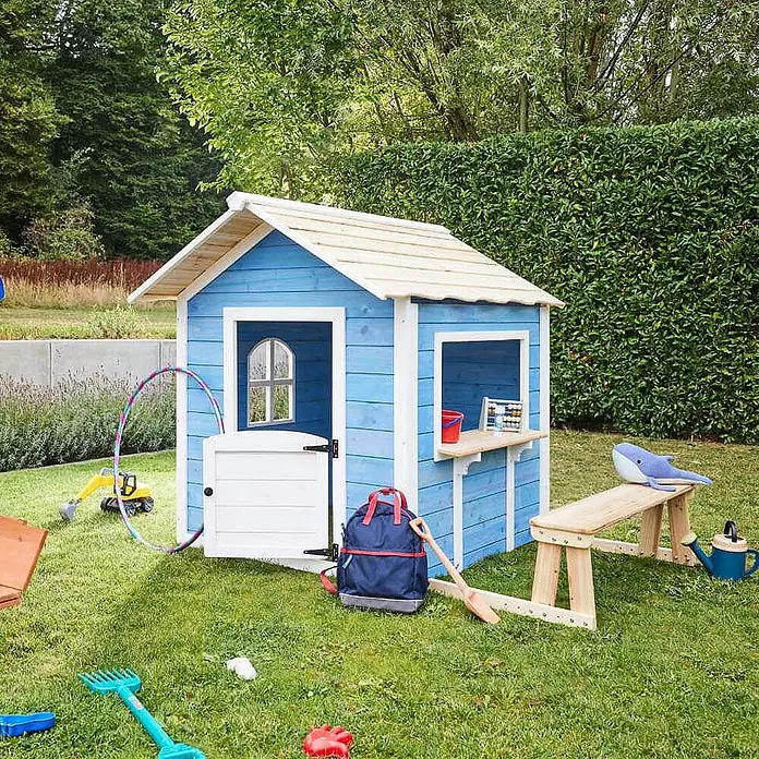 Home Deluxe Spielhaus DER GROSSE PALAST mit Bank - L x B x H: 111 x 118,2 x 132,5 cm, Holz, Blau - Blaues Holzspielhaus mit Naturholzdach und Spielzeug.