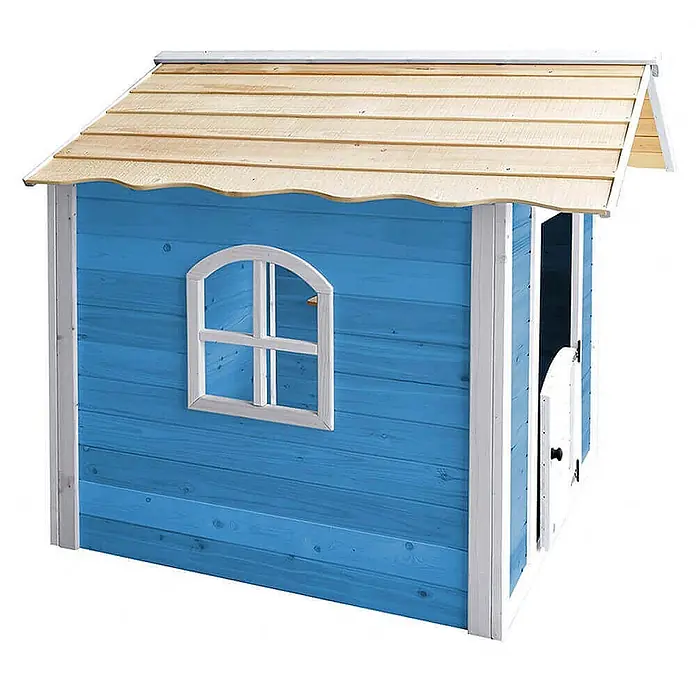 Home Deluxe Spielhaus DER GROSSE PALAST mit Bank - L x B x H: 111 x 118,2 x 132,5 cm, Holz, Blau - Blaues Holzspielhaus mit Naturholzdach und weißem Rahmen, mit Bogenfenster und kleiner Tür.