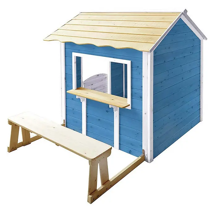 Home Deluxe Spielhaus DER GROSSE PALAST mit Bank - L x B x H: 111 x 118,2 x 132,5 cm, Holz, Blau - Blaues Holz-Kinderspielhaus mit Naturholzdach, weißer Verkleidung, einer Theke und passender Holzbank.