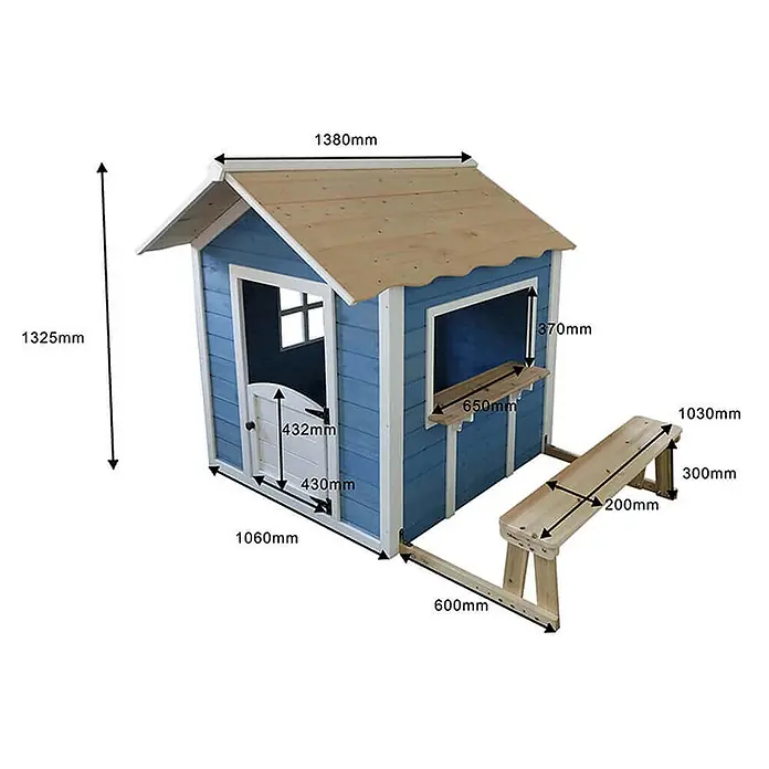Home Deluxe Spielhaus DER GROSSE PALAST mit Bank - L x B x H: 111 x 118,2 x 132,5 cm, Holz, Blau - Blau-weißes Holzspielhaus für Kinder mit Naturholzdach und angebauter Bank.