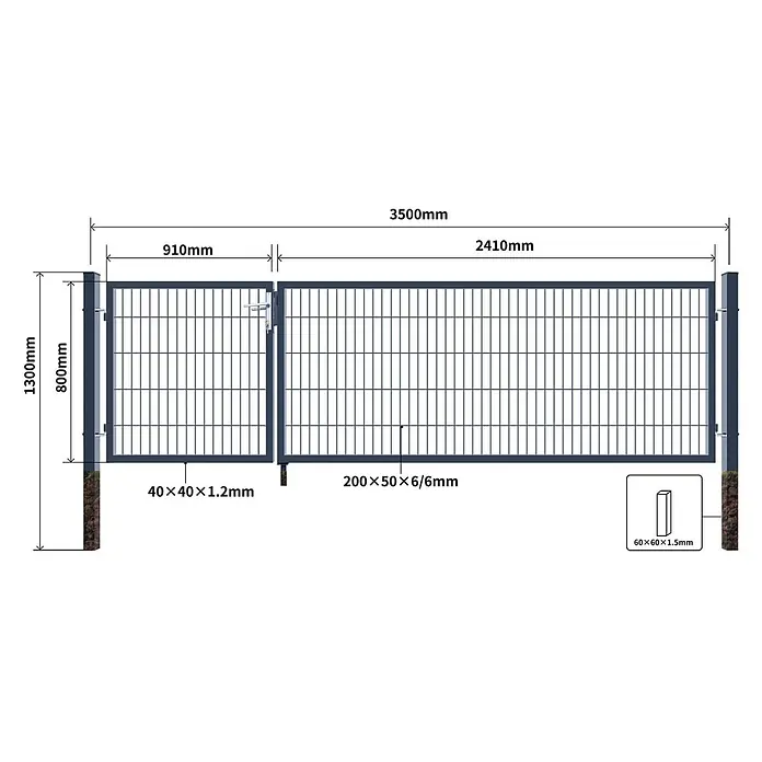 Home Deluxe Gartentor ADITUS - 350 x 80 cm, Anthrazit, Stahl - Graues Metall-Zauntorsystem mit einem Flügeltor und angrenzendem Paneel, Maße für Pfosten, Rahmen und Gitter sichtbar.