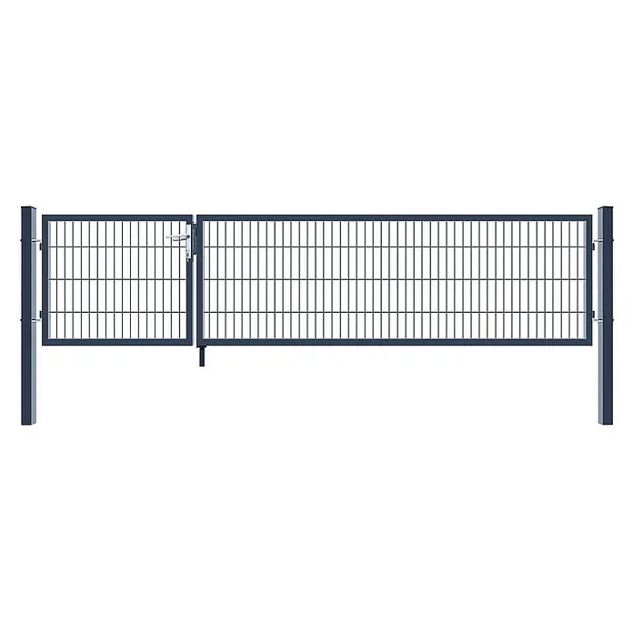 Home Deluxe Gartentor ADITUS - 350 x 80 cm, Anthrazit, Stahl - Dunkelgraues Metallzaunsystem mit einer Gartentür und einem langen Zaunfeld, montiert zwischen zwei Pfosten.