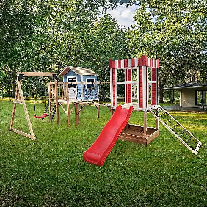 Home Deluxe Kinderspielturm WUNDERLAND inkl. Schaukel und Rutsche - Holz, Blau - Hölzerner Spielplatz mit blauem Spielhaus, roter Rutsche, Schaukel, Kletternetz und Sandkasten für den Außenbereich.