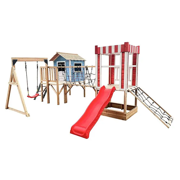 Home Deluxe Kinderspielturm WUNDERLAND inkl. Schaukel und Rutsche - Holz, Blau - Spielturm aus Holz mit blauem Spielhaus, rot-weißem Turm, roter Rutsche, Schaukel und Kletternetzen.