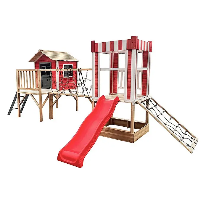 Home Deluxe Kinderspielturm WUNDERLAND inkl. Rutsche - Holz, Rot - Spielplatz aus rotem und Naturholz für Kinder mit Hütte, gestreiftem Turm, roter Rutsche und Kletternetzen.