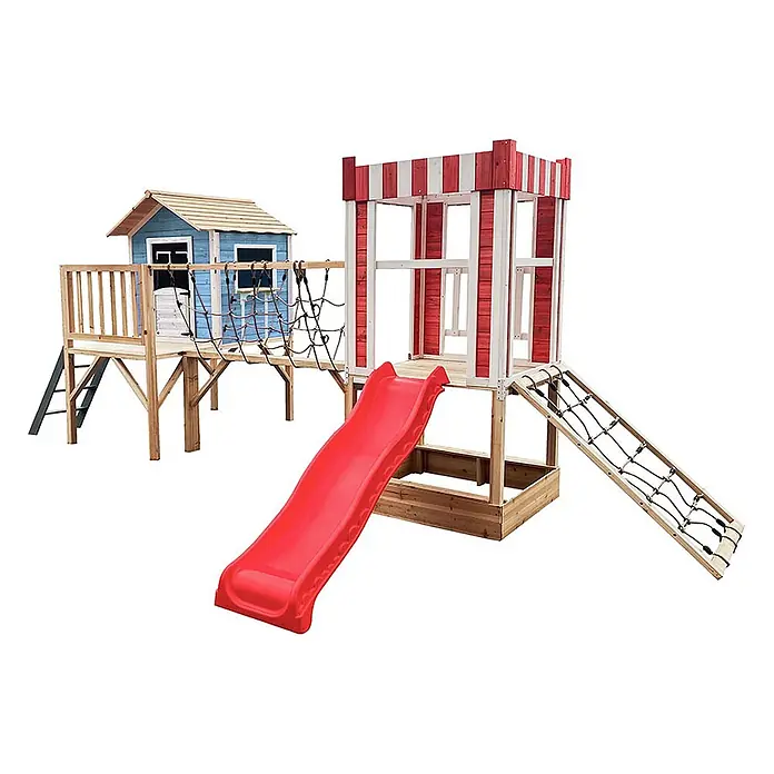 Home Deluxe Kinderspielturm WUNDERLAND inkl. Rutsche - Holz, Blau - Holzspielplatz mit blauem Spielhaus, rot-weißem Turm, roter Rutsche und Seilbrücken/Klettergerüsten.