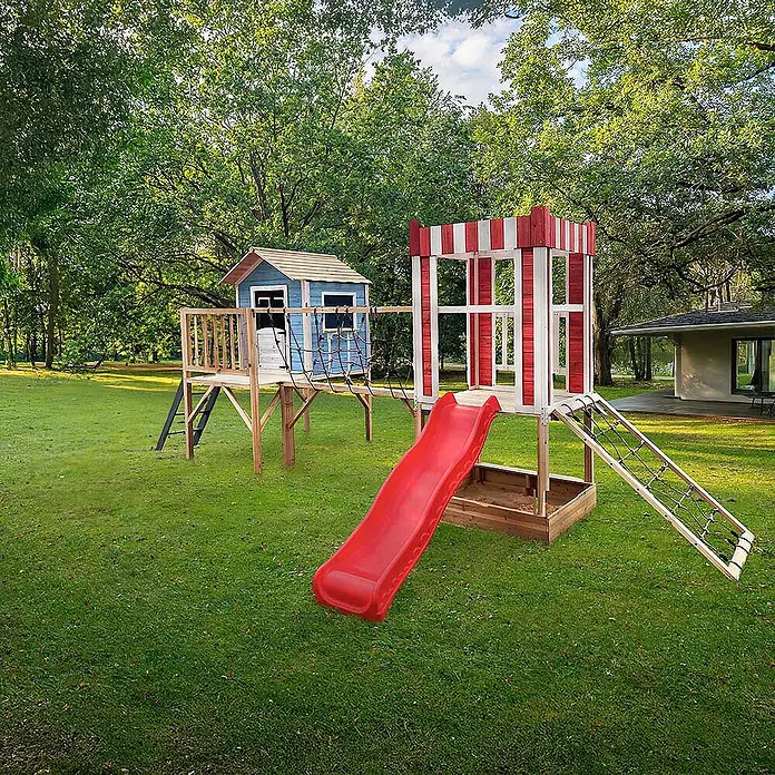 Home Deluxe Kinderspielturm WUNDERLAND inkl. Rutsche - Holz, Blau - Großer Holzspielplatz mit blauem Spielhaus, roter Rutsche und gestreiftem Turm, inklusive Kletternetz.