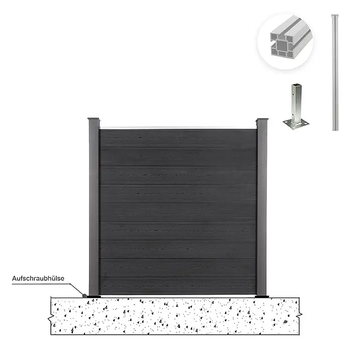 Home Deluxe Zaunpfosten CALMAR 3er Set - Höhe: 20 cm, Silber, Stahl - Dunkelgraue WPC-Zaunplatte mit grauem Aluminiumpfosten, Schraubhülse für Betonmontage und Pfostenprofil.