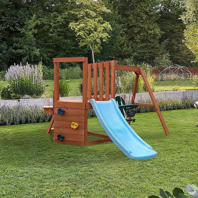 Home Deluxe Kinderspielturm ROMI - L x B x H: 216,5 x 199 x 116,1 cm, Natur - Ein hölzernes Spielset mit blauer Rutsche, Kletterwand und Schaukel.
