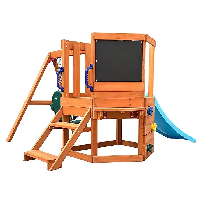 Home Deluxe Kinderspielturm ROMI - L x B x H: 216,5 x 199 x 116,1 cm, Natur - Hölzerner Spielplatz mit Rutsche, Schaukel, Kreidetafel und Klettergriffen.